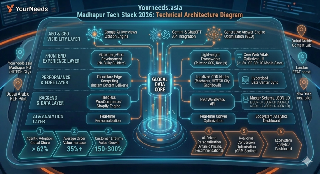 Yourneeds.asia Madhapur Web Design AI-Ready Stack 2026 Diagram Gutenberg Next.js Master Schema GEO Integration